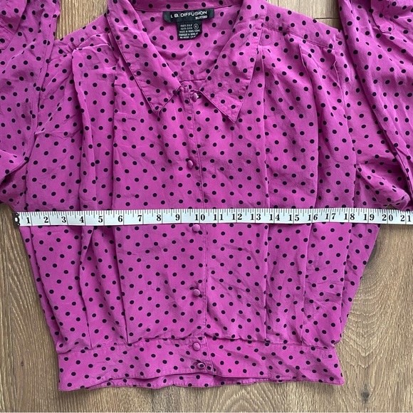 I.B. Diffusion 100% Silk Polka Dot Pleated Blouse Button Down - Picture 11 of 16